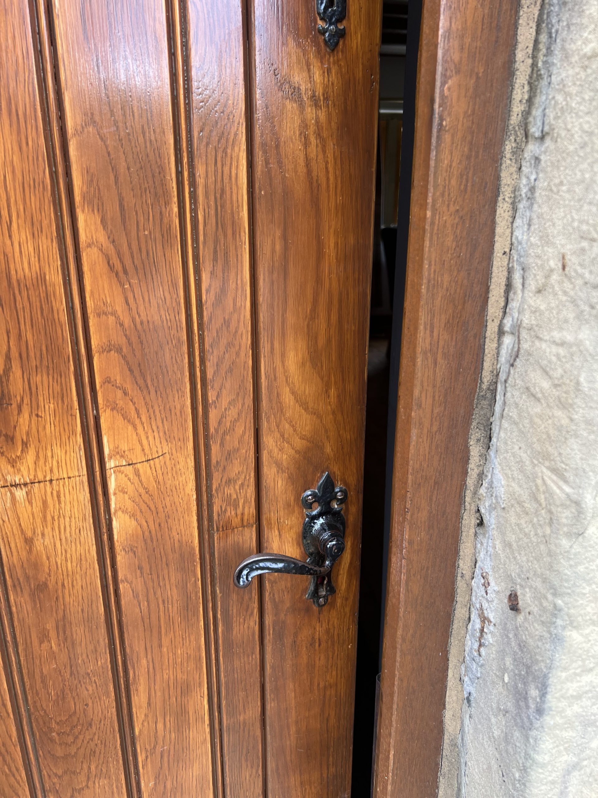 Wooden door with ornate black handle.